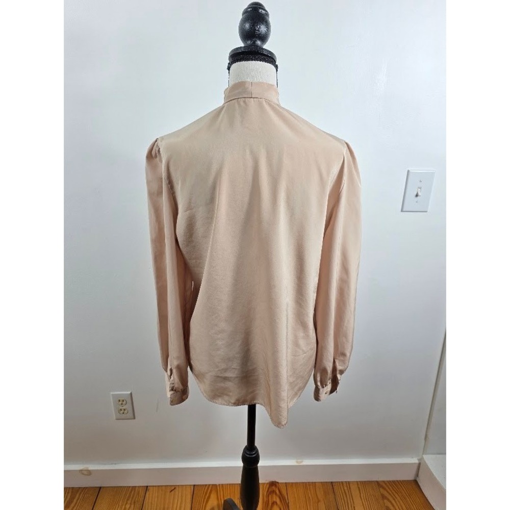 Vintage Tie Neck Blouse Womens 14 Tan Puffed Shoulder Button Down Office Top - Picture 4 of 7